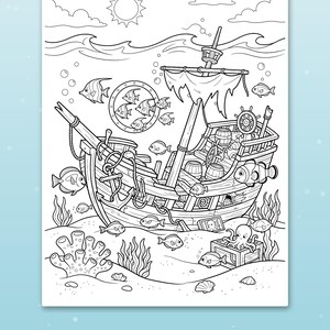 May include: A black and white coloring page featuring an underwater scene with a sunken wooden ship, various fish, an octopus in a crate, coral, and a porthole. The sky above the water shows a sun and clouds, while the sea floor has shells.