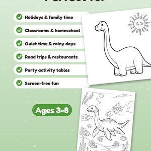 May include: Two white coloring pages featuring black line art illustrations. One page shows a long-necked dinosaur and a sun. The other page depicts a sea creature in an underwater scene with coral and fish. Text includes "Perfect for" and "Ages 3-8".