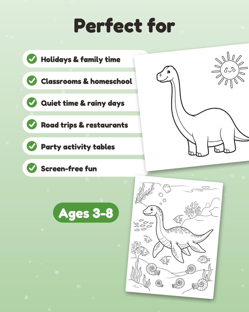 May include: Two white coloring pages featuring black line art illustrations. One page shows a long-necked dinosaur and a sun. The other page depicts a sea creature in an underwater scene with coral and fish. Text includes "Perfect for" and "Ages 3-8".