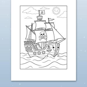 以下が含まれることがあります： 波の上を航海する海賊船が描かれた白黒の塗り絵ページ。船にはドクロの旗、笑顔の錨、空には笑顔の太陽が描かれています。画像の下には「Big spaces for little hands」というテキストが記載されています。