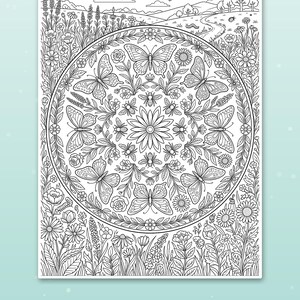 K&ouml;nnte beinhalten: Eine schwarz-wei&szlig;e Malvorlage mit einem zentralen kreisf&ouml;rmigen Mandala-Design, gef&uuml;llt mit Schmetterlingen, Bienen und Blumen. Der umgebende Bereich zeigt eine Wiesenlandschaft mit sanften H&uuml;geln, B&auml;umen und Wolken. Der Text lautet Cute scenes kids love.