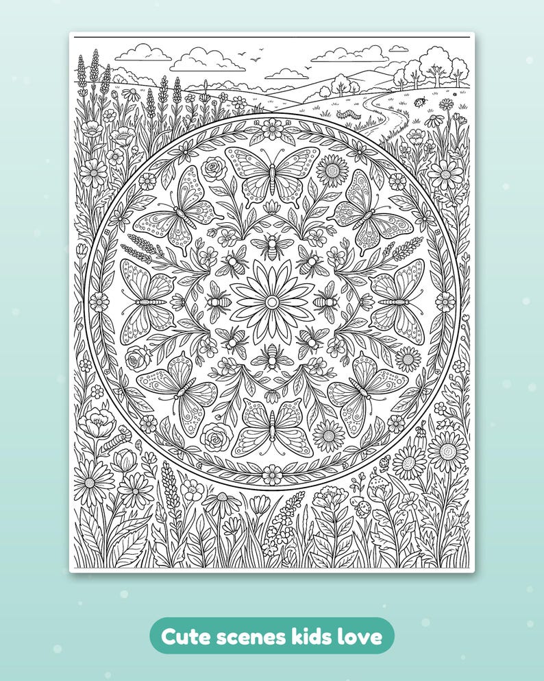 K&ouml;nnte beinhalten: Eine schwarz-wei&szlig;e Malvorlage mit einem zentralen kreisf&ouml;rmigen Mandala-Design, gef&uuml;llt mit Schmetterlingen, Bienen und Blumen. Der umgebende Bereich zeigt eine Wiesenlandschaft mit sanften H&uuml;geln, B&auml;umen und Wolken. Der Text lautet Cute scenes kids love.
