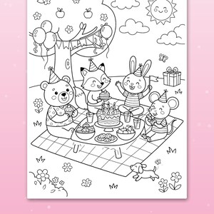 May include: A black and white coloring page illustration featuring a bear, fox, rabbit, and mouse having a birthday picnic under a tree with balloons, a cake, and gifts. The text at the bottom reads: Cute scenes kids love.