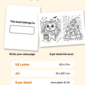 May include: A digital coloring book page set featuring a 'This book belongs to' name page and two Halloween-themed illustrations of a cat and candy corn characters. Includes US Letter 8.5 x 11 in and A4 21 x 29.7 cm format options.