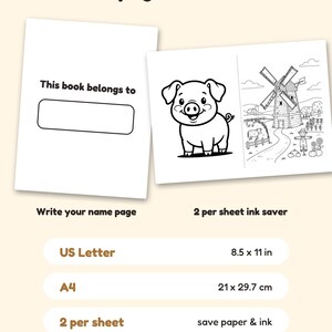 May include: A digital coloring book page set featuring a 'This book belongs to' name page and a farm scene with a pig and windmill. Includes US Letter 8.5 x 11 in and A4 21 x 29.7 cm formats, plus a 2 per sheet ink saver layout.