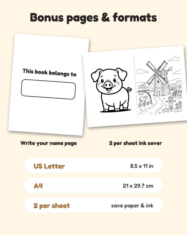 May include: A digital coloring book page set featuring a 'This book belongs to' name page and a farm scene with a pig and windmill. Includes US Letter 8.5 x 11 in and A4 21 x 29.7 cm formats, plus a 2 per sheet ink saver layout.