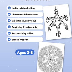 Puede incluir: Un conjunto de p&aacute;ginas para colorear con una pi&ntilde;ata en forma de estrella con cara sonriente y un dise&ntilde;o floral detallado. El texto dice Perfect for, Holidays & family time, Classrooms & homeschool, Quiet time & rainy days, Road trips & restaurants, Party activity tables, Screen-free fun y Ages 3-8.