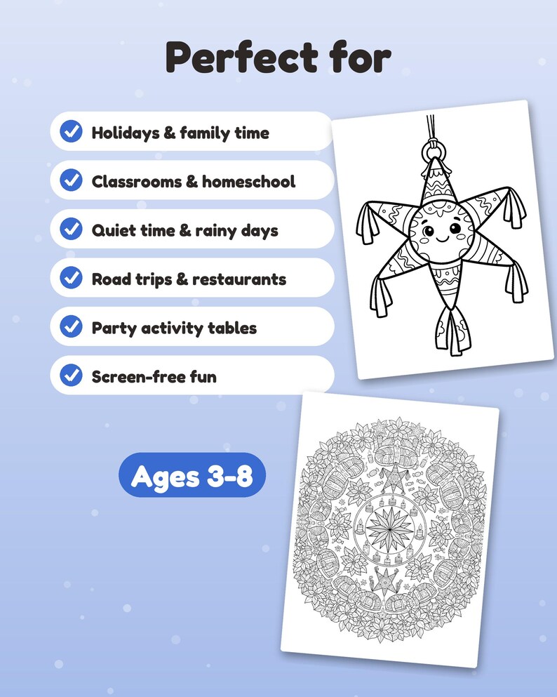 Puede incluir: Un conjunto de p&aacute;ginas para colorear con una pi&ntilde;ata en forma de estrella con cara sonriente y un dise&ntilde;o floral detallado. El texto dice Perfect for, Holidays & family time, Classrooms & homeschool, Quiet time & rainy days, Road trips & restaurants, Party activity tables, Screen-free fun y Ages 3-8.