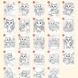 May include: A collection of 24 black and white coloring pages featuring a cartoon cat in various school-themed activities. The top text reads Everything you get: 24 pages and the bottom text reads + cover "This book belongs to" page closing page.