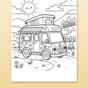 K&ouml;nnte beinhalten: Eine schwarz-wei&szlig;e Malvorlage mit einem Wohnmobil mit Blumenaufklebern, einem Aufstelldach und einer Markise. Die Szene umfasst eine l&auml;chelnde Sonne, Wolken, Berge, B&auml;ume, einen Zaun und ein Lagerfeuer. Der Text unten lautet Big spaces for little hands.