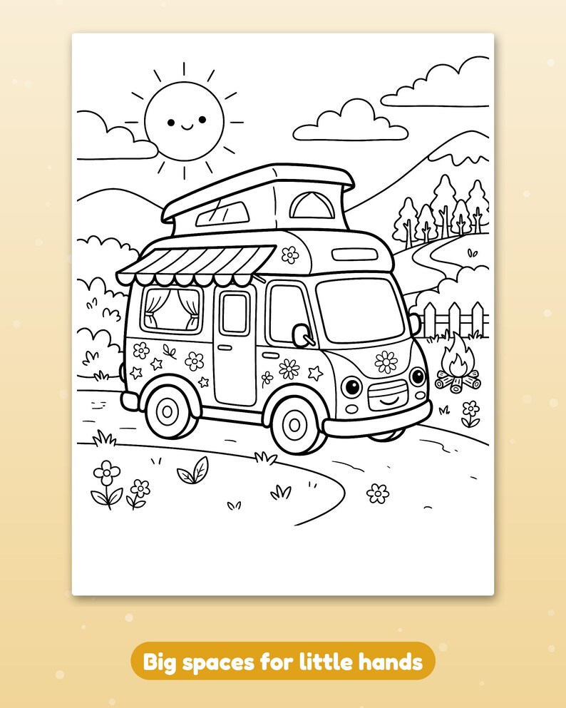 K&ouml;nnte beinhalten: Eine schwarz-wei&szlig;e Malvorlage mit einem Wohnmobil mit Blumenaufklebern, einem Aufstelldach und einer Markise. Die Szene umfasst eine l&auml;chelnde Sonne, Wolken, Berge, B&auml;ume, einen Zaun und ein Lagerfeuer. Der Text unten lautet Big spaces for little hands.