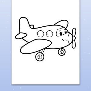 May include: A black and white line art colouring page featuring a cartoon aeroplane with a smiling face, two circular windows, a propeller, and landing gear. Below the illustration, the text reads: Big spaces for little hands.
