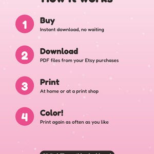 May include: A pink instructional graphic titled How it works with four numbered steps: 1 Buy, 2 Download, 3 Print, and 4 Color. Each step includes brief text instructions. A black oval at the bottom states Digital file: nothing is shipped.