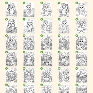 May include: A collection of 30 black and white coloring pages featuring cats in bunny ears, Easter eggs, flowers, and spring animals. The text "Everything you get: 30 pages" is at the top, with "+ cover &middot; "This book belongs to" page &middot; closing page" below.