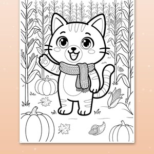 May include: A black and white coloring page featuring a cartoon cat wearing a knitted scarf, standing in a cornfield with pumpkins, corn stalks, and maple leaves. The illustration is composed of thick, bold lines for easy coloring.