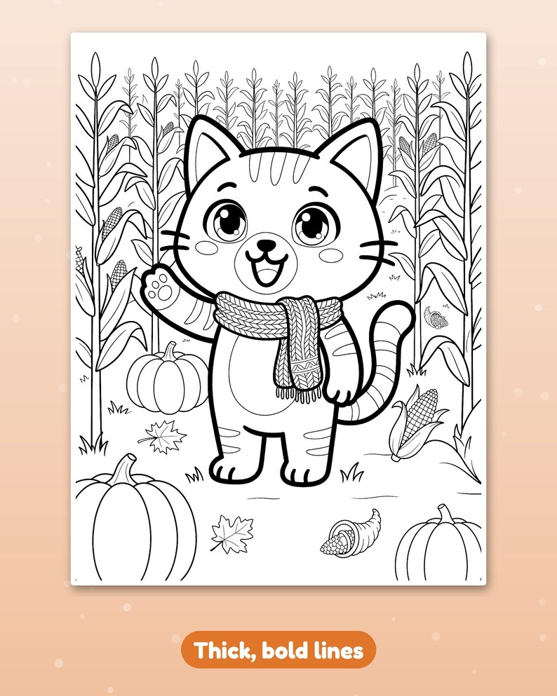 May include: A black and white coloring page featuring a cartoon cat wearing a knitted scarf, standing in a cornfield with pumpkins, corn stalks, and maple leaves. The illustration is composed of thick, bold lines for easy coloring.