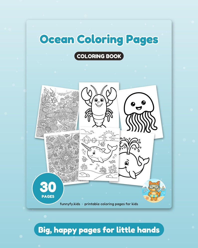 May include: A light blue coloring book titled Ocean Coloring Pages with the text 30 PAGES and funnyfy.kids printable coloring pages for kids. The cover displays six black and white illustrations of sea creatures including a lobster and whale.