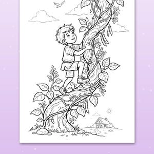 Puede incluir: Una p&aacute;gina para colorear en blanco y negro que muestra a un ni&ntilde;o trepando por una planta de frijol grande y gruesa con hojas y vainas. En el fondo, una peque&ntilde;a casa se encuentra en el suelo bajo un sol y nubes. El texto aparece abajo.