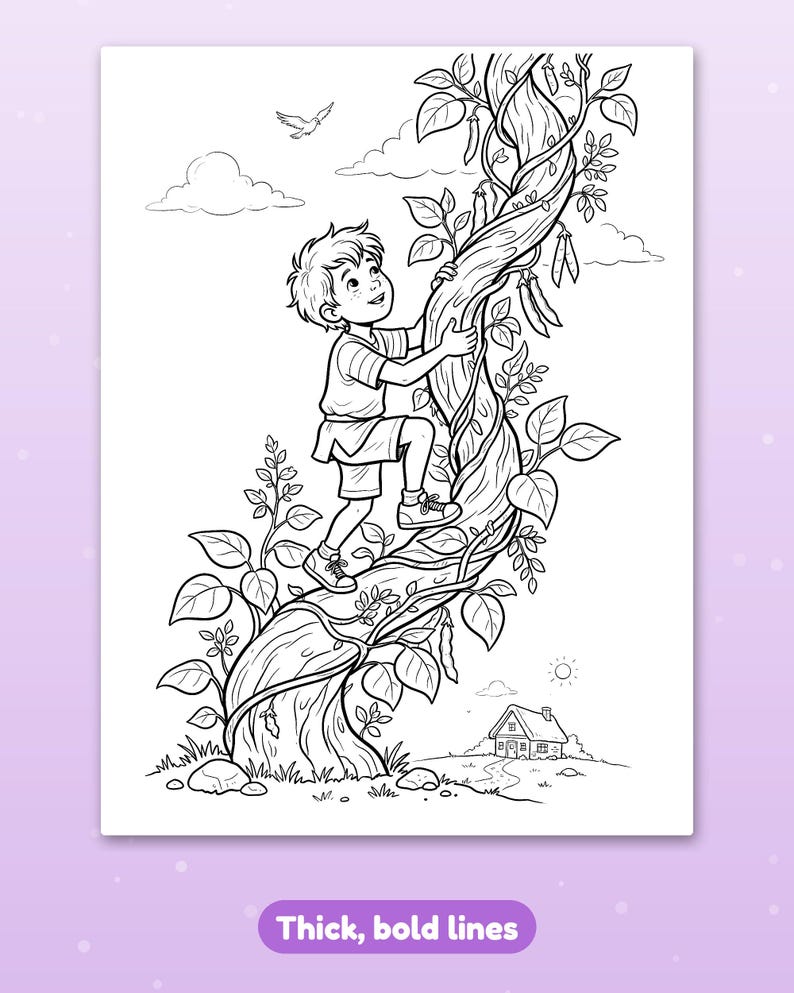 Puede incluir: Una p&aacute;gina para colorear en blanco y negro que muestra a un ni&ntilde;o trepando por una planta de frijol grande y gruesa con hojas y vainas. En el fondo, una peque&ntilde;a casa se encuentra en el suelo bajo un sol y nubes. El texto aparece abajo.