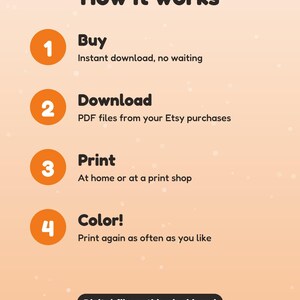 May include: An instructional graphic titled How it works with four orange numbered circles. Steps include: 1 Buy, instant download, no waiting; 2 Download, PDF files from your Etsy purchases; 3 Print, at home or at a print shop; 4 Color!, print again as often as you like. Bottom text: Digital file: nothing is shipped. Designed by Funnyfy with AI tools &middot; funnyfy.kids.