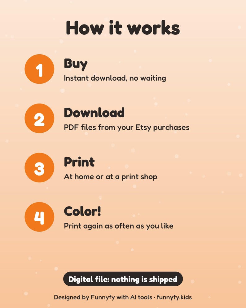 May include: An instructional graphic titled How it works with four orange numbered circles. Steps include: 1 Buy, instant download, no waiting; 2 Download, PDF files from your Etsy purchases; 3 Print, at home or at a print shop; 4 Color!, print again as often as you like. Bottom text: Digital file: nothing is shipped. Designed by Funnyfy with AI tools &middot; funnyfy.kids.