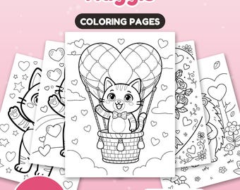 Puede incluir: Un conjunto de 30 páginas para colorear tituladas Valentine's with Nuggis. Las páginas presentan dibujos de líneas en blanco y negro de gatos, corazones y flores, incluyendo un gato en un globo aerostático con forma de corazón.