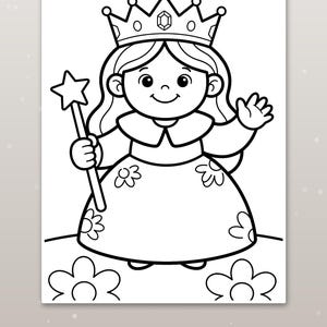 Peut inclure: Une page de coloriage en noir et blanc repr&eacute;sentant un personnage souriant portant une couronne et une robe &agrave; motifs floraux. Le personnage tient une baguette &eacute;toil&eacute;e dans une main et salue de l'autre. Le dessin utilise des traits &eacute;pais.