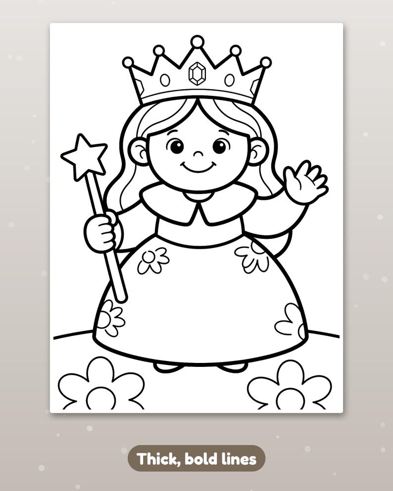 Peut inclure: Une page de coloriage en noir et blanc repr&eacute;sentant un personnage souriant portant une couronne et une robe &agrave; motifs floraux. Le personnage tient une baguette &eacute;toil&eacute;e dans une main et salue de l'autre. Le dessin utilise des traits &eacute;pais.