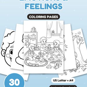 Puede incluir: Un conjunto de 30 páginas para colorear tituladas EMOTIONS & FEELINGS. Las páginas presentan ilustraciones en blanco y negro de niños jugando con juguetes, bloques de construcción y leyendo en la naturaleza. El texto US Letter + A4 e Instant download es visible.
