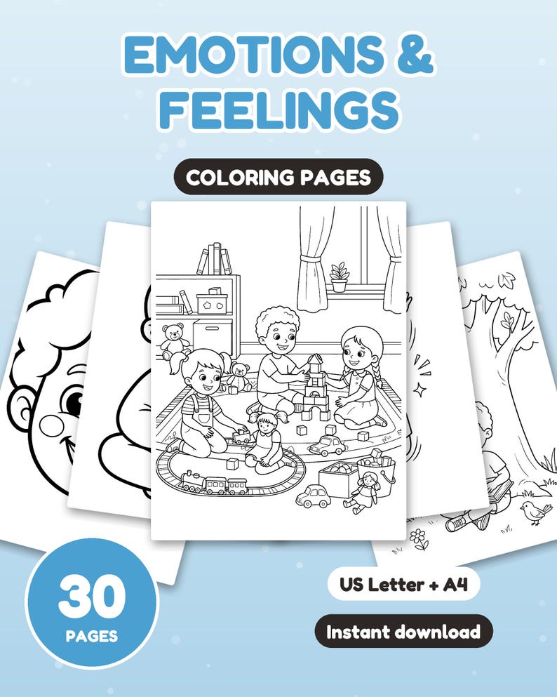 May include: A set of 30 colouring pages titled EMOTIONS & FEELINGS. The pages feature black and white line art illustrations of children playing with toys, building blocks, and reading in nature. The text US Letter + A4 and Instant download are visible.