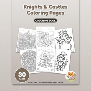 Peut inclure: Un livre de coloriage intitul&eacute; Knights & Castles Coloring Pages contenant 30 pages. La couverture pr&eacute;sente six illustrations en noir et blanc dont un ch&acirc;teau, une princesse, un bouffon et un chevalier. Texte : funnyfy.kids et Big, happy pages for little hands.