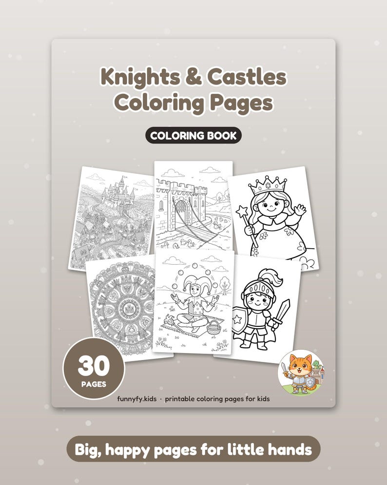 Peut inclure: Un livre de coloriage intitul&eacute; Knights & Castles Coloring Pages contenant 30 pages. La couverture pr&eacute;sente six illustrations en noir et blanc dont un ch&acirc;teau, une princesse, un bouffon et un chevalier. Texte : funnyfy.kids et Big, happy pages for little hands.