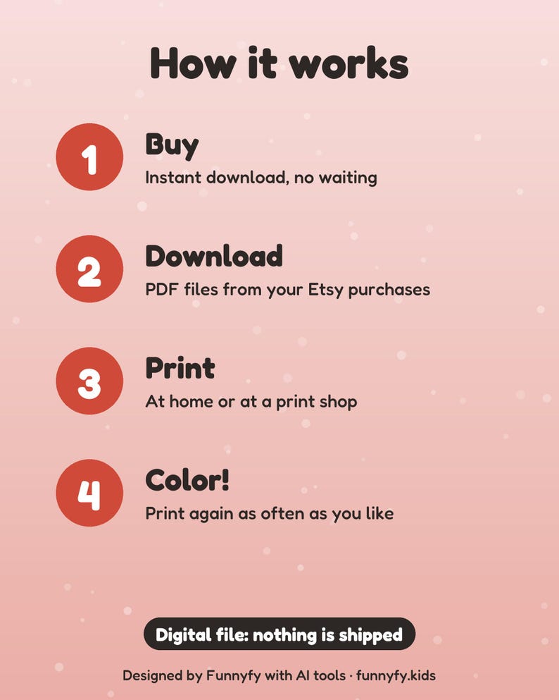 May include: An instructional graphic on a light pink background titled How it works. It lists four steps: 1 Buy, 2 Download PDF files, 3 Print at home or a shop, and 4 Colour. It includes a black button stating Digital file: nothing is shipped.