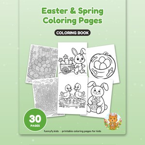 Puede incluir: Un libro para colorear titulado Easter & Spring Coloring Pages con 30 p&aacute;ginas. La portada presenta ilustraciones en blanco y negro de un conejo con un carro de zanahorias, un nido de p&aacute;jaro con huevos, patos y un conejo con un huevo.