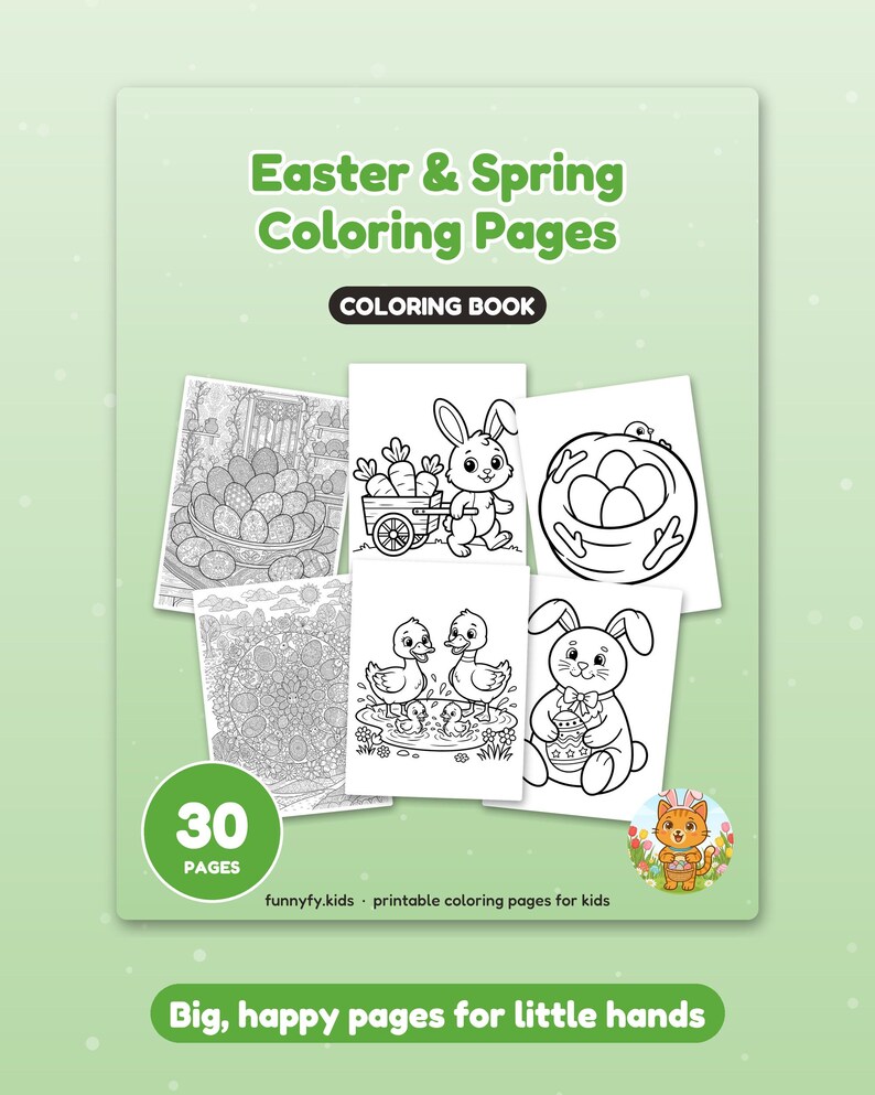 Puede incluir: Un libro para colorear titulado Easter & Spring Coloring Pages con 30 p&aacute;ginas. La portada presenta ilustraciones en blanco y negro de un conejo con un carro de zanahorias, un nido de p&aacute;jaro con huevos, patos y un conejo con un huevo.