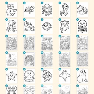 May include: A collection of 30 black and white coloring pages featuring various sea creatures, underwater scenes, and ocean landscapes. The text "Everything you get: 30 pages" is at the top, with "+ cover &middot; "This book belongs to" page &middot; closing page" below.
