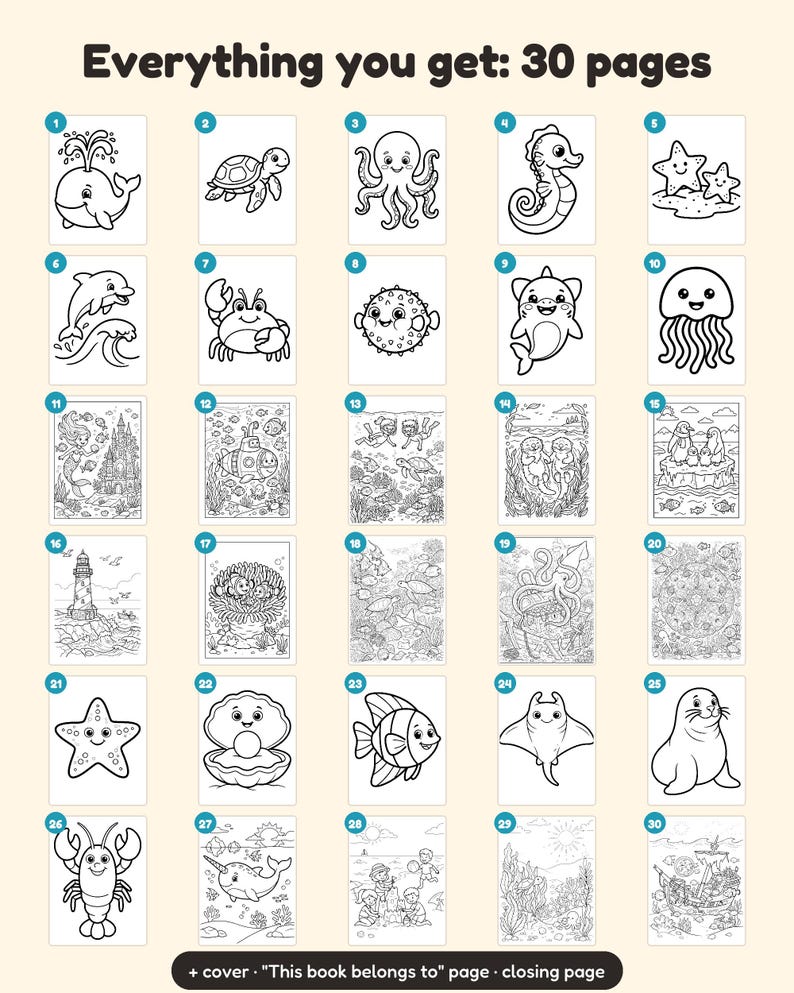 May include: A collection of 30 black and white coloring pages featuring various sea creatures, underwater scenes, and ocean landscapes. The text "Everything you get: 30 pages" is at the top, with "+ cover &middot; "This book belongs to" page &middot; closing page" below.