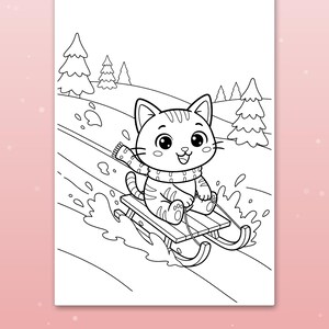 May include: A black and white colouring page featuring a cartoon cat wearing a striped scarf while riding a wooden sled down a snowy hill. The background includes simple line drawings of evergreen trees and snow splashes.