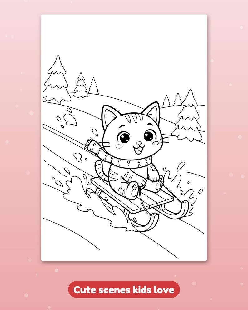 May include: A black and white colouring page featuring a cartoon cat wearing a striped scarf while riding a wooden sled down a snowy hill. The background includes simple line drawings of evergreen trees and snow splashes.
