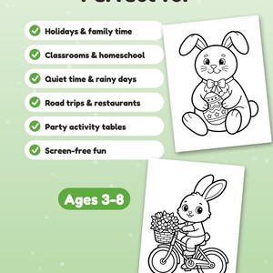 Puede incluir: Un conjunto de p&aacute;ginas para colorear con dos ilustraciones en blanco y negro de conejos. Un conejo sostiene un huevo de Pascua y el otro monta en bicicleta con una cesta de flores. El texto incluye "Perfect for," "Holidays & family time," "Classrooms & homeschool," "Quiet time & rainy days," "Road trips & restaurants," "Party activity tables," "Screen-free fun" y "Ages 3-8."