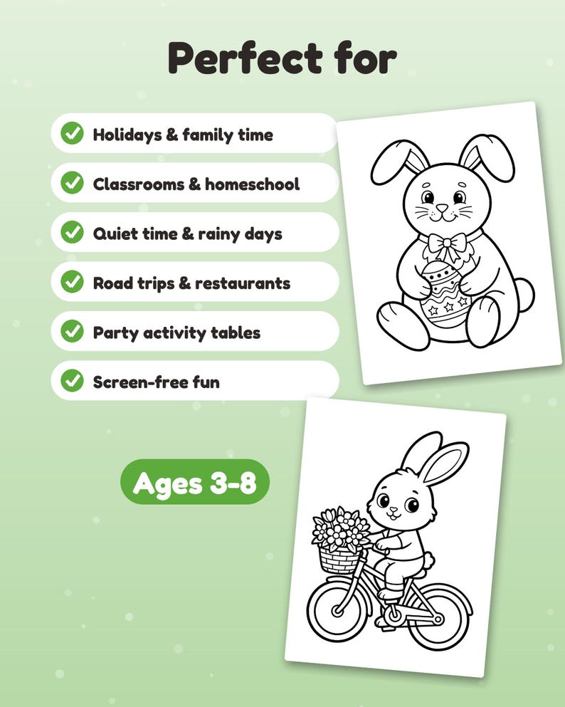 Puede incluir: Un conjunto de p&aacute;ginas para colorear con dos ilustraciones en blanco y negro de conejos. Un conejo sostiene un huevo de Pascua y el otro monta en bicicleta con una cesta de flores. El texto incluye "Perfect for," "Holidays & family time," "Classrooms & homeschool," "Quiet time & rainy days," "Road trips & restaurants," "Party activity tables," "Screen-free fun" y "Ages 3-8."
