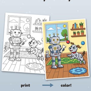 Puede incluir: Una p&aacute;gina para colorear con un robot y un perro jugando con un hueso, con el texto Color it your way! arriba y print color! abajo. La imagen muestra una versi&oacute;n en blanco y negro y una versi&oacute;n a todo color de la escena.