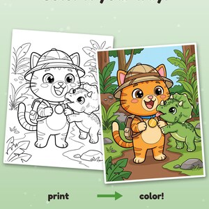 May include: A coloring page featuring an orange cat explorer wearing a pith helmet and backpack with a small green triceratops. The text reads Color it your way!, print, and color!. Includes a black and white version and a colored example.