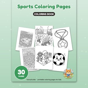 May include: A light green coloring book titled Sports Coloring Pages with 30 pages. The cover displays six black and white illustrations featuring a stadium, children cycling, a medal, a mandala, baseball players, and a soccer ball.