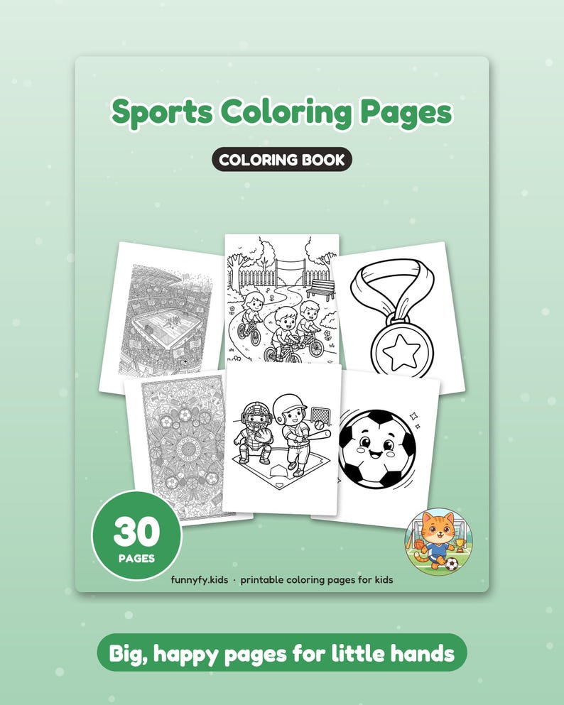 May include: A light green coloring book titled Sports Coloring Pages with 30 pages. The cover displays six black and white illustrations featuring a stadium, children cycling, a medal, a mandala, baseball players, and a soccer ball.