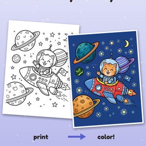 Puede incluir: Un conjunto de p&aacute;ginas para colorear con una hoja de arte lineal en blanco y negro y una versi&oacute;n a color de un gato con traje espacial pilotando un cohete por el espacio con planetas y estrellas. El texto dice Color it your way!.