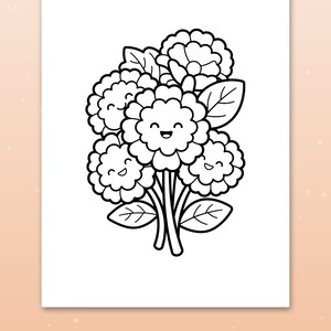 Op de afbeelding: Een zwart-wit kleurplaat met een boeket van vijf gestileerde bloemen met lachende gezichtjes, afgeronde bloemblaadjes en bladeren. Onder de illustratie staat de tekst: Big spaces for little hands.