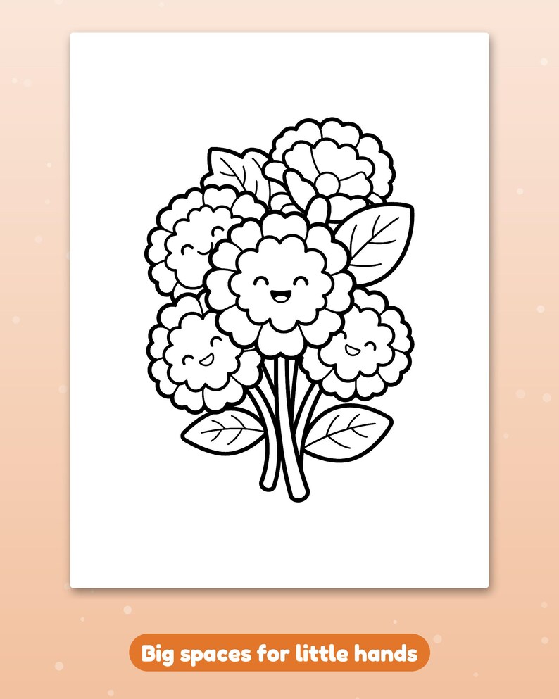 Op de afbeelding: Een zwart-wit kleurplaat met een boeket van vijf gestileerde bloemen met lachende gezichtjes, afgeronde bloemblaadjes en bladeren. Onder de illustratie staat de tekst: Big spaces for little hands.