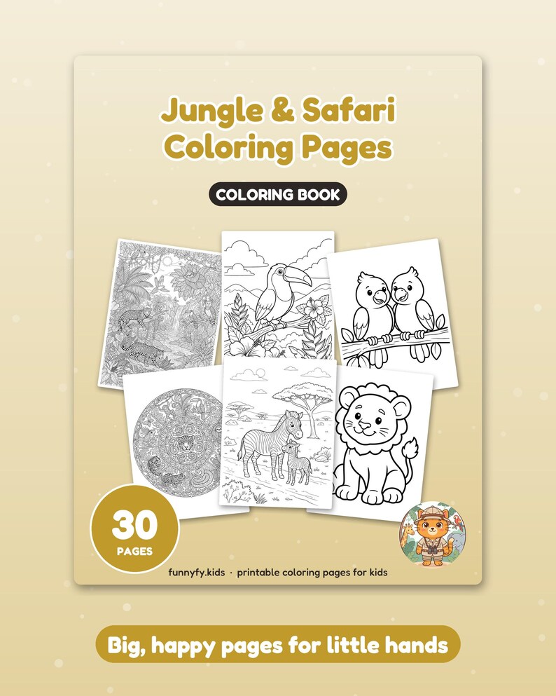 May include: A Jungle & Safari Coloring Pages book featuring 30 pages of black and white illustrations including a toucan, parrots, a zebra, a lion, and jungle scenes. The cover displays the text Jungle & Safari Coloring Pages, 30 PAGES, and Big, happy pages for little hands.