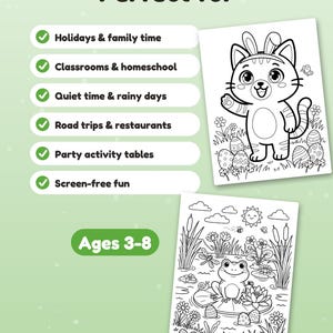 May include: Two black and white coloring pages featuring a cat with bunny ears and a frog on a lily pad. Text includes "Perfect for," "Holidays & family time," "Classrooms & homeschool," "Quiet time & rainy days," "Road trips & restaurants," "Party activity tables," "Screen-free fun," and "Ages 3-8."
